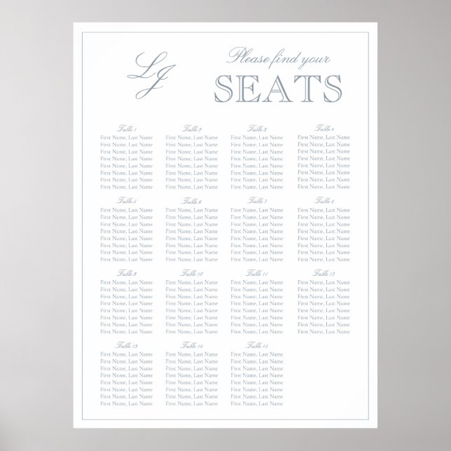Modern Dusty Blue Monogram Script Wedding Seat Poster (Front)
