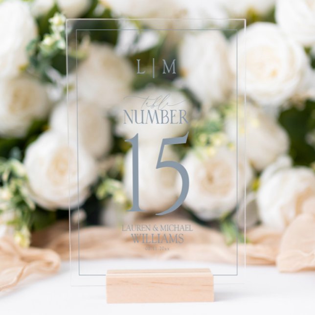 Modern Dusty Blue Monogram Wedding Table Number Acrylic Sign (Creator Uploaded)