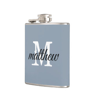 Modern Dusty Blue Name Monogram Personalised  Hip Flask