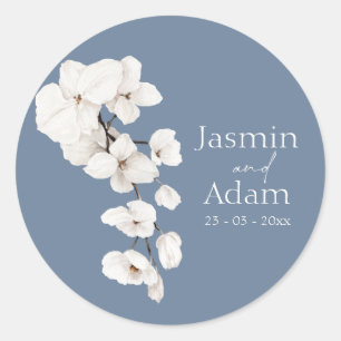 Modern Dusty Blue Orchid Floral Wedding Classic Round Sticker