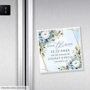 Modern Dusty Blue Peonies Gold Save Date Magnet