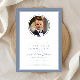Modern Dusty Blue Photo Boy First Communion Invitation
