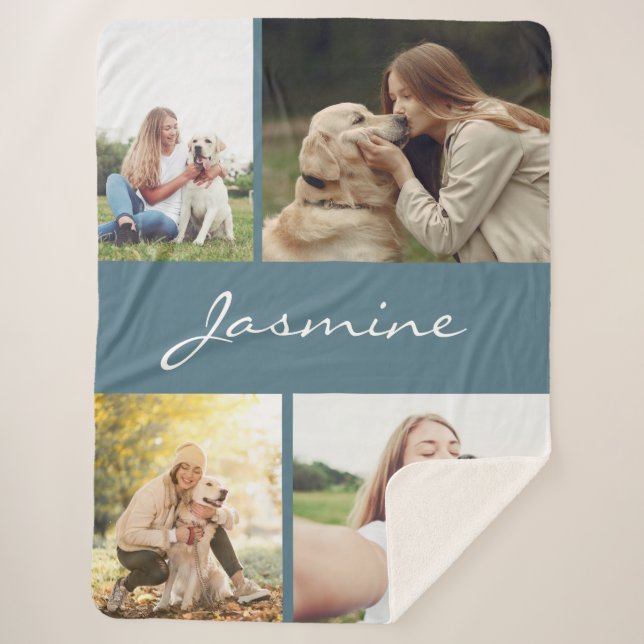 Modern Dusty Blue Photo Collage Dog Sherpa Blanket (Front)