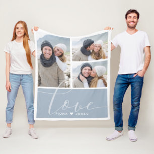 Modern Dusty Blue Photo Collage Love Personalised Fleece Blanket