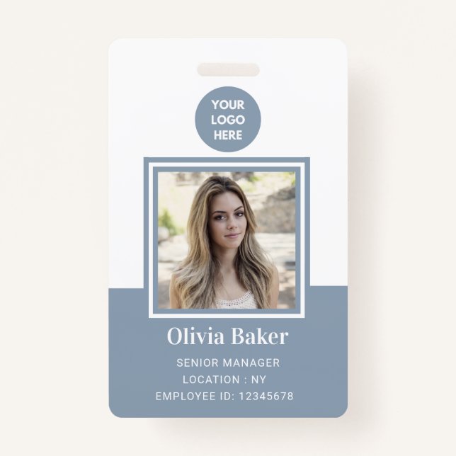 Modern Dusty Blue Photo ID Business Logo Employee  ID Badge (Front)
