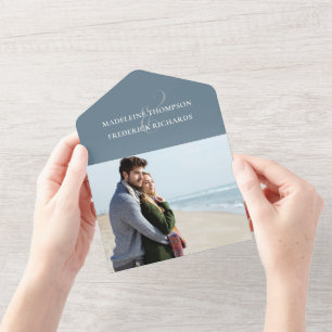 Modern Dusty Blue Photo Minimalist QR Code RSVP All In One Invitation