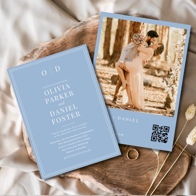 Modern Dusty Blue Photo QR Code Wedding Invitation (Creator Uploaded)
