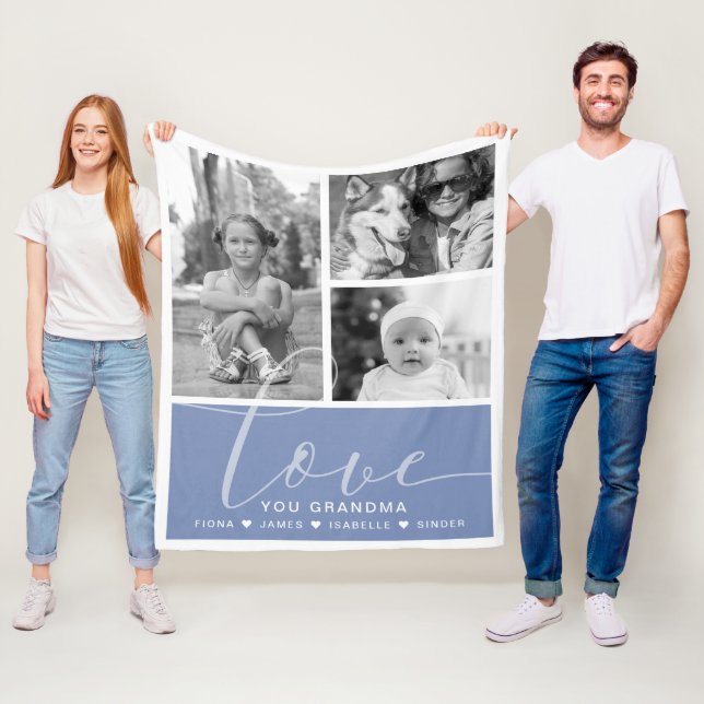 Modern Dusty Blue Photos Love Personalised Fleece Blanket (In Situ)