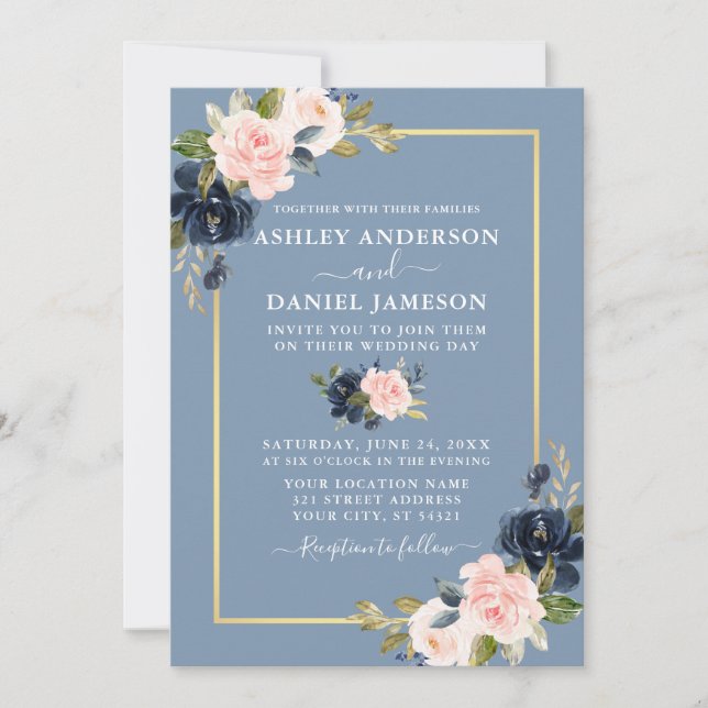 Modern Dusty Blue Pink Blush Floral Gold Wedding Invitation (Front)