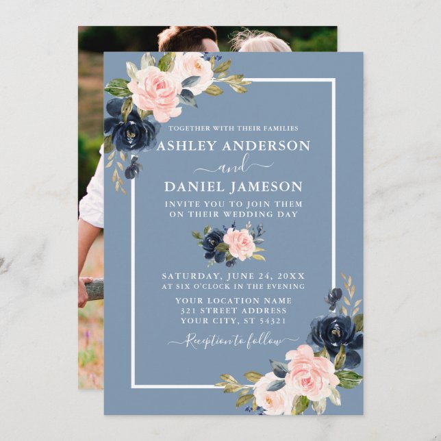 Modern Dusty Blue Pink Blush Floral Photo Wedding Invitation (Front/Back)