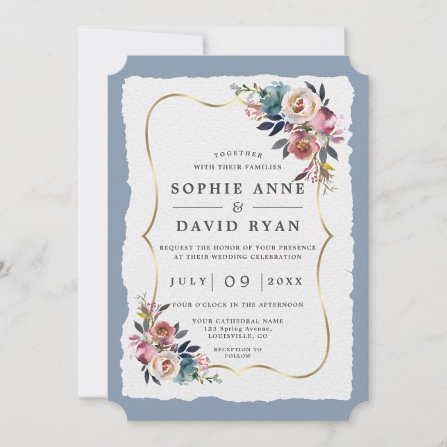 Modern Dusty Blue Pink Flowers Gold Wedding  Invitation (Front)