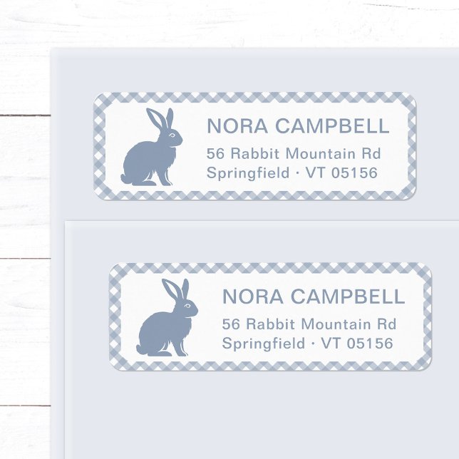 Modern Dusty Blue Rabbit Gingham Return Address Label (Cute, modern dusty blue bunny return address label with classic gingham plaid background.)