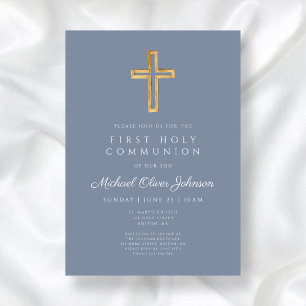 Modern Dusty Blue Religious Boy First Communion Invitation
