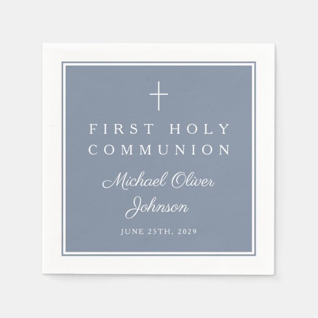 Modern Dusty Blue Religious Boy First Communion Napkin (Front)