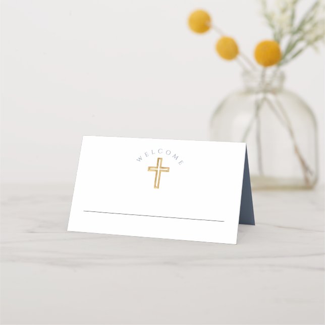 Modern Dusty Blue Religious Boy First Communion  Place Card (Front)