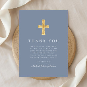 Modern Dusty Blue Religious Boy First Communion Thank You Card