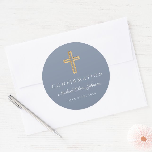 Modern Dusty Blue Religious Cross Boy Confirmation Classic Round Sticker (Envelope)