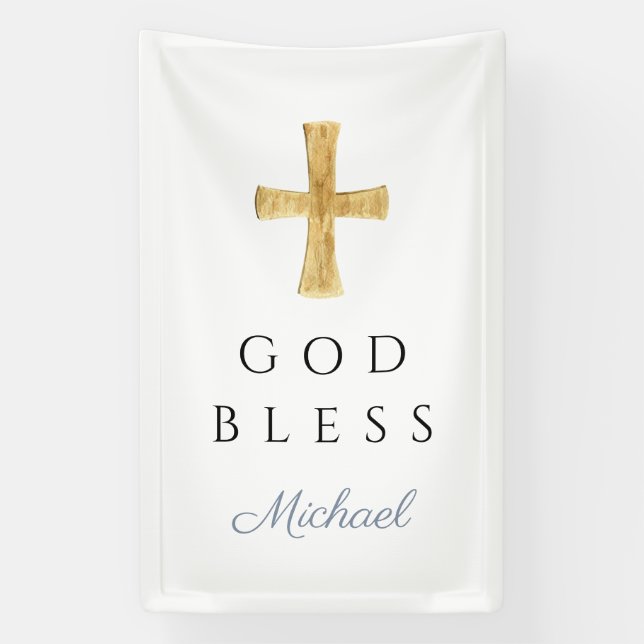 Modern Dusty Blue Religious Cross Boy God Bless Banner (Vertical)