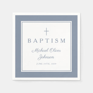Modern Dusty Blue Religius Cross Boy Baptism Napkin