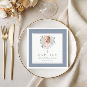Modern Dusty Blue Religius Cross Boy Baptism Napkin