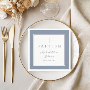 Modern Dusty Blue Religius Cross Boy Baptism Napkin