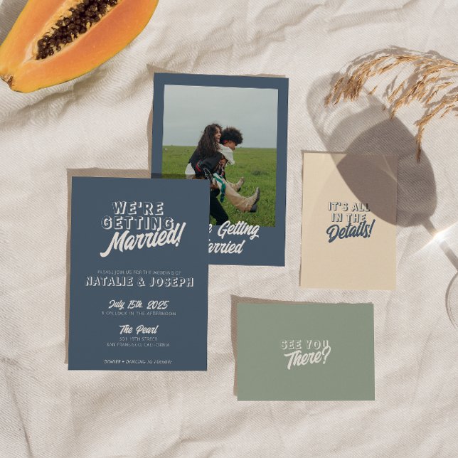 Modern Dusty Blue Retro Bold Funky Wedding Invitation (Creator Uploaded)
