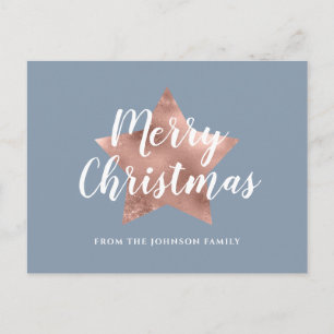 Modern Dusty Blue Rose Gold Star Merry Christmas Postcard