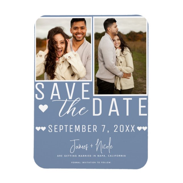 Modern Dusty Blue Save the Date  2 Photo Wedding Magnet (Vertical)