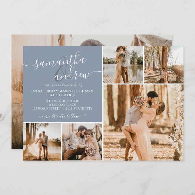 Modern dusty blue script 6 photos wedding invitation (Front/Back)