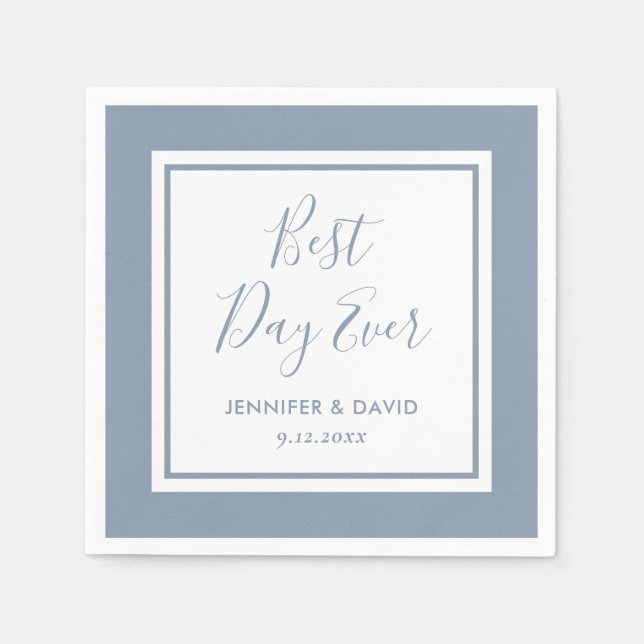 Modern Dusty Blue Script Best Day Ever Wedding Napkin (Front)
