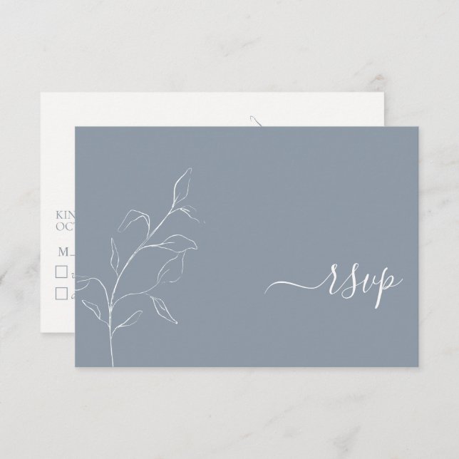 Modern Dusty Blue Script Botanical No Menu RSVP (Front/Back)