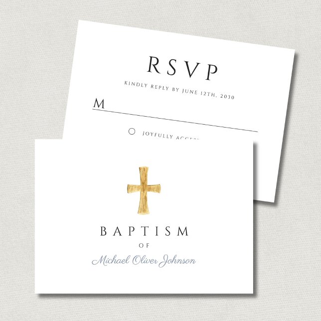 Modern Dusty Blue Script Cross Boy Baptism  RSVP Card (Modern Dusty Blue Script Cross Boy Baptism RSVP Card)