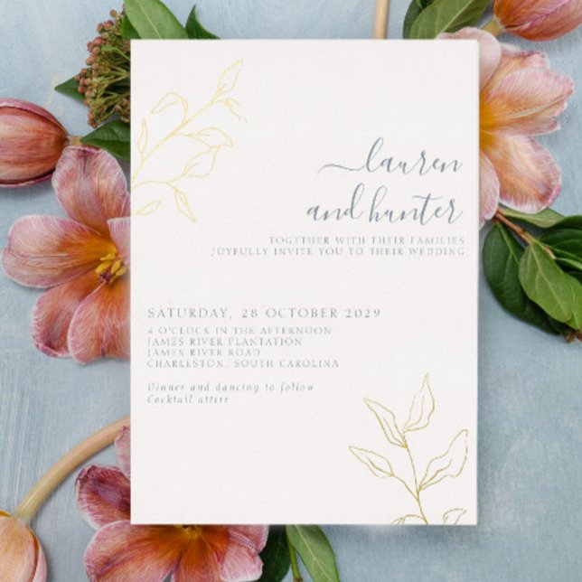 Modern Dusty Blue Script Gold Botanical Wedding (Creator Uploaded)