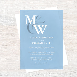 Modern Dusty Blue Sea Glass Monogram Wedding Acrylic Invitations
