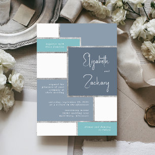 Modern Dusty Blue Sea Glass Silver Wedding Invitation