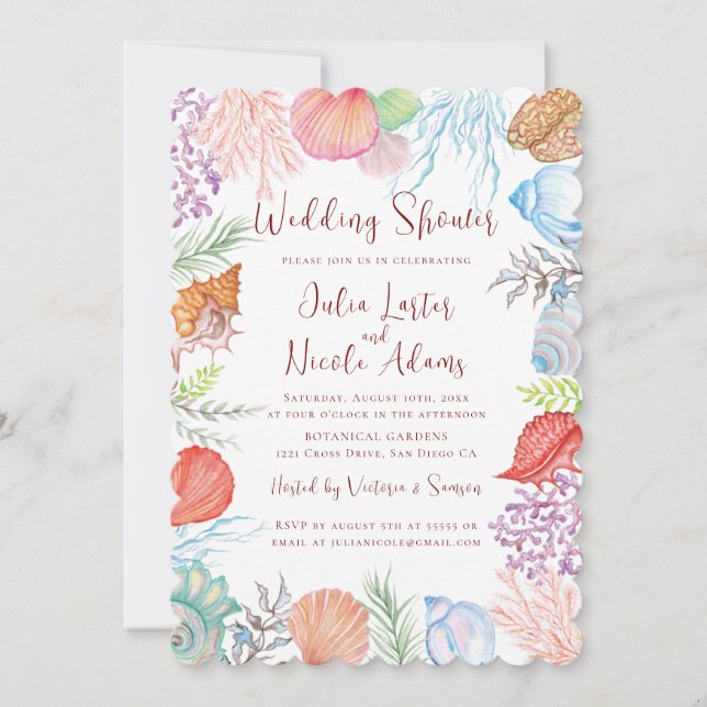 Modern Dusty Blue Sea Shell Beach Wedding Shower Invitation (Front)