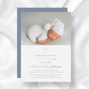 Modern Dusty Blue Silver Cross Boy Photo Baptism