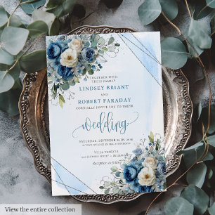 Modern Dusty Blue Silver Floral Wedding Invitation