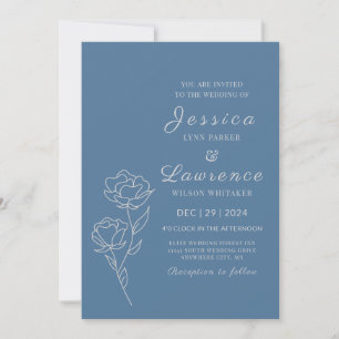 Modern Dusty Blue Silver Floral Winter Wedding  Invitation