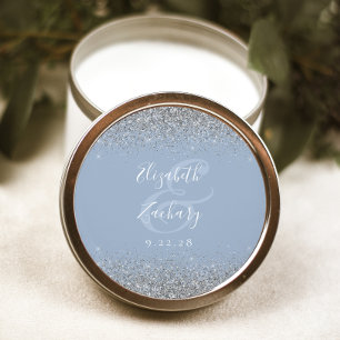 Modern Dusty Blue Silver Glitter Edge Wedding Classic Round Sticker