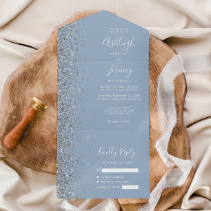 Modern Dusty Blue Silver Glitter Wedding All In One Invitation