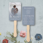 Modern Dusty Blue & Silver Heart Wedding Program Hand Fan<br><div class="desc">Stay cool and celebrate your special day in style with our unique Wedding Program Hand Fan, beautifully designed with a dusty blue gradient, a treasured photo of the couple, and delicate faux silver heart detail. This hand fan not only keeps your guests comfortable but also adds a touch of elegance...</div>