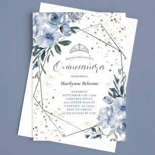 Modern Dusty Blue Silver Quinceañera Invitation