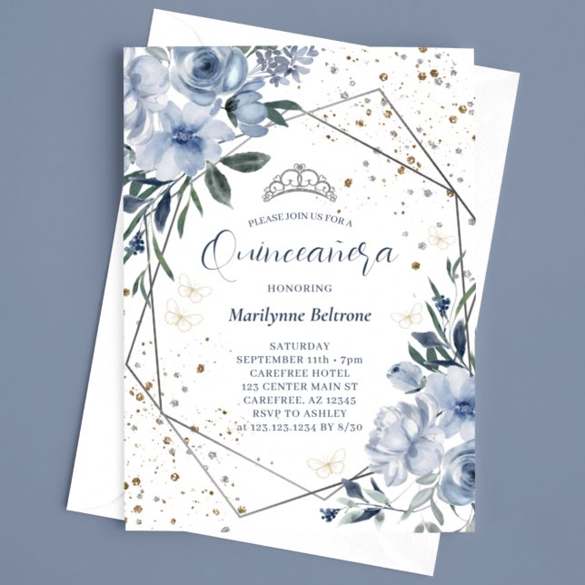 Modern Dusty Blue Silver Quinceañera Invitation (Creator Uploaded)