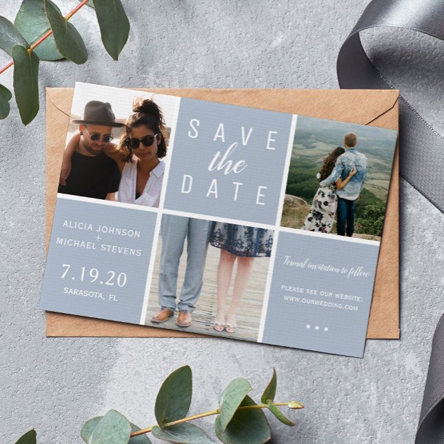 Modern dusty blue simple 3 photo collage wedding save the date (Creator Uploaded)