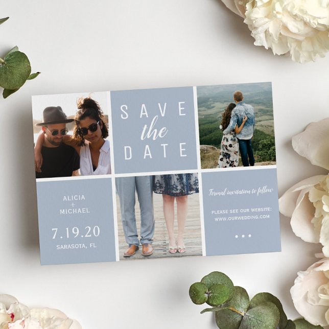 Modern dusty blue simple 3 photo collage wedding save the date (Creator Uploaded)