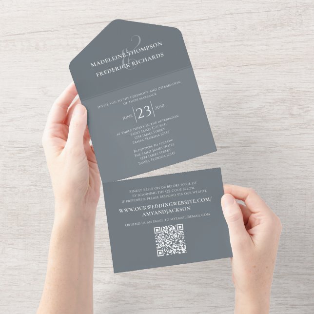 Modern Dusty Blue Simple Minimalist QR Code RSVP All In One Invitation (Tearaway)