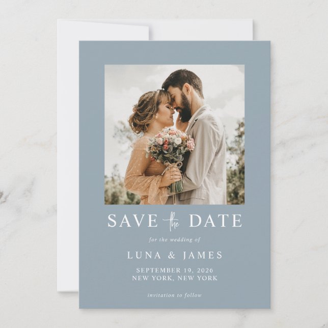 Modern Dusty Blue Simple Photo Wedding Save The Date (Front)
