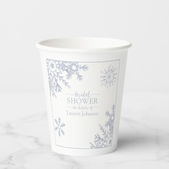 Modern Dusty Blue Snowflake Winter Bridal Shower Paper Cups (Front)