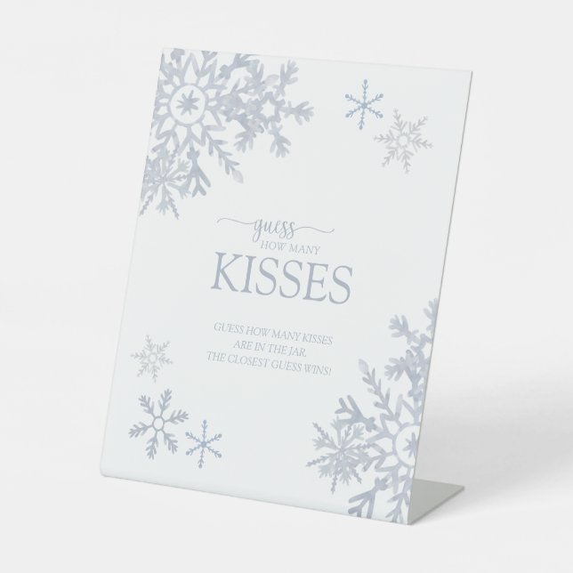 Modern Dusty Blue Snowflake Winter How Many Kisses Pedestal Sign (Front)